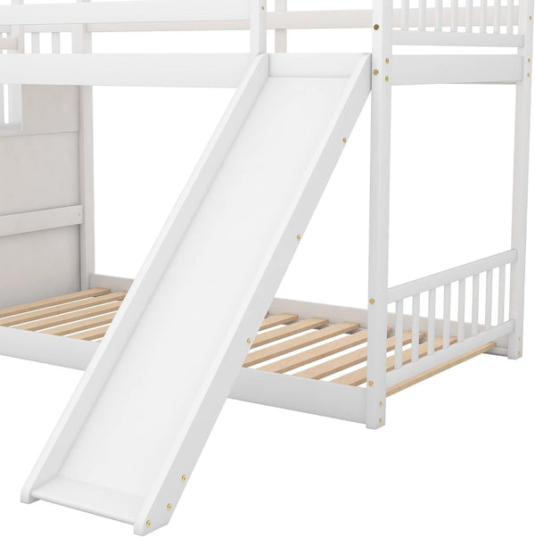 Twin Bunk Bed with Slide, Space Saving Design Bedroom Furniture Wood Twin over Twin Bed Frame with Stairway, Storage and Safety Guard Rail (White)