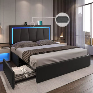 LED Bed Frame with 4 Drawers and USB Ports Modern Upholstered Platform Bed Frame with Storage Faux Leather Storage Bed