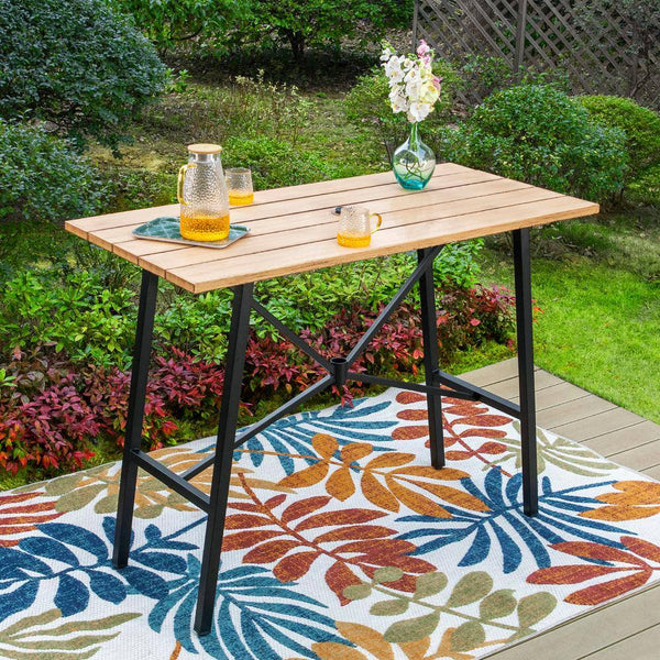 5-Piece Metal Outdoor Patio Bar Height Dining Set with Sling Swivel Chairs and Rectangle Brown Slat Tabletop