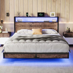 Queen Size Bed Frame with Storage Headboard, Sturdy Metal Platform Bed Frame with LED Lights and Charging Station, Easy Assembly