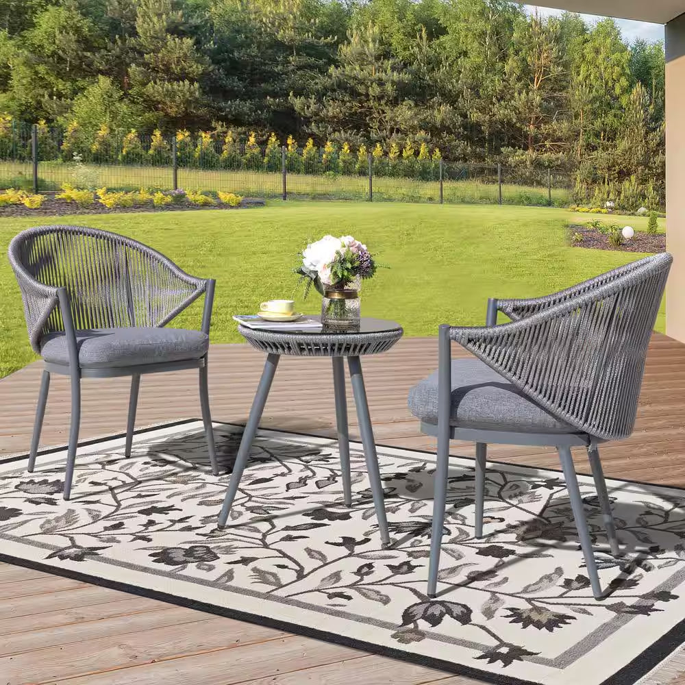 3-Piece Aluminum Outdoor Bistro Set Outdoor Furniture with Grey Cushion