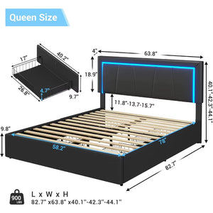 LED Bed Frame with 4 Drawers and USB Ports Modern Upholstered Platform Bed Frame with Storage Faux Leather Storage Bed