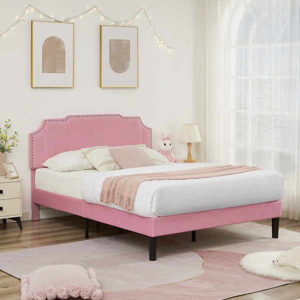 Upholstered Bed Frame Full Queen Platform with Headboard Footboard Wooden Slat