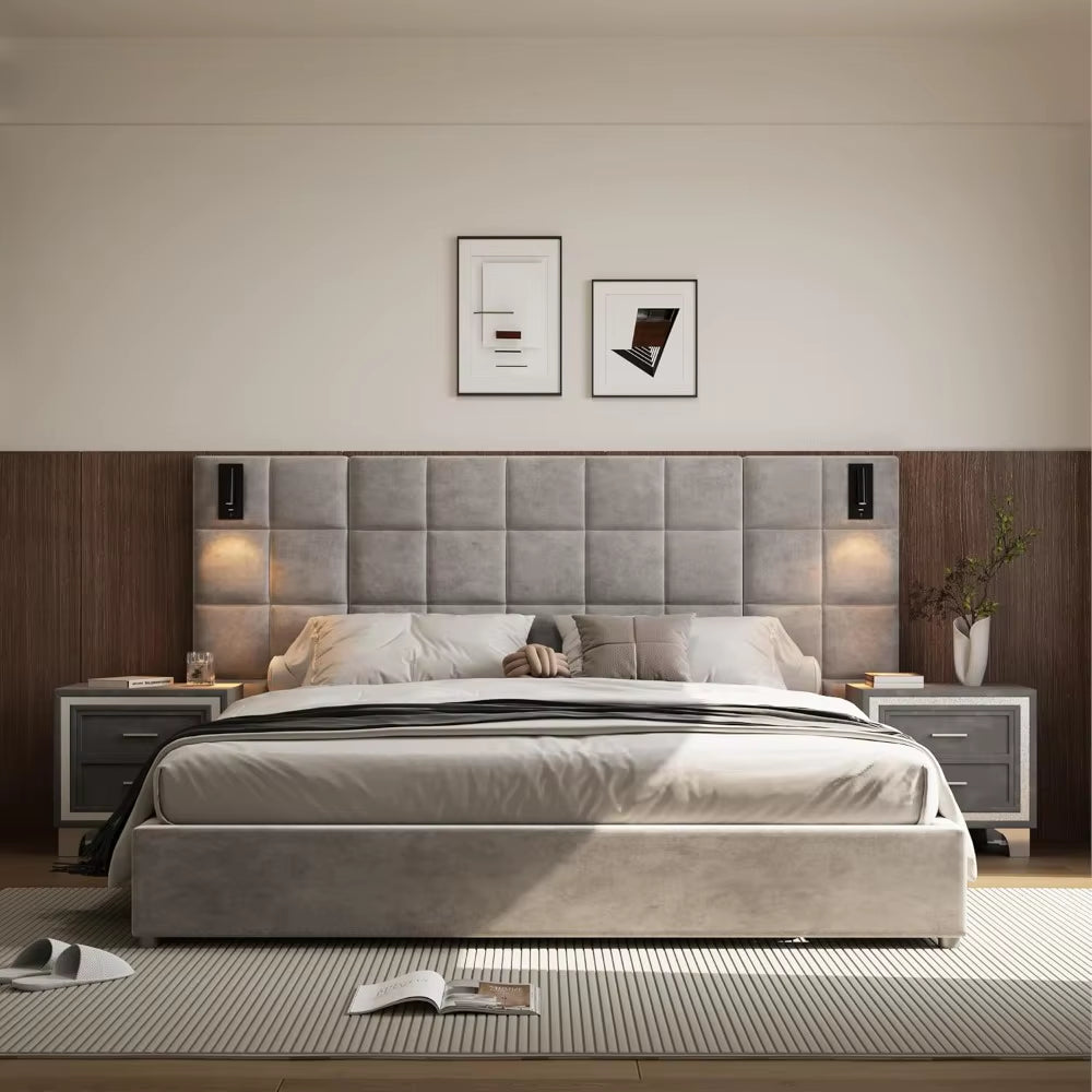 King Platform Bed Frame with Headboard, Elegant Velvet Upholstered Bed with Grid Pattern Padded Headboard, 2 LED Wall Sconces &