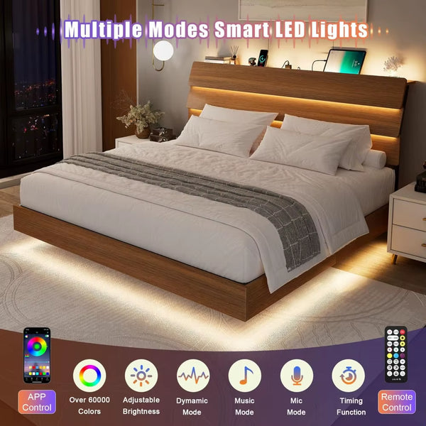 Feonase Floating Bed Frame King with Led Lights and Charging Station, Wood Full Size Bed Frame with Storage Headboard, Heavy Dut
