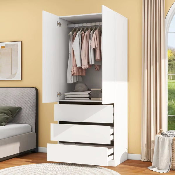 Wooden Wardrobe Closet with 2 Doors: 75" Bedroom Armoire Wardrobe Closet with 3 Drawers, White Cabinet with Hanging Shelves