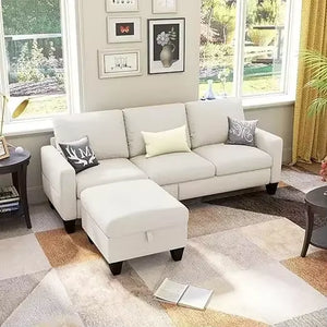 Convertible Sectional Sofa Couch, Modern Linen Fabric Couches for Living, 3 Seat L-Shaped Couch with Storage Ottoman
