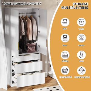71.7" Wardrobe Armoire Wooden Closet with 2 Doors and 3 Drawers, Bedroom Armoire with Hanging Rod Shelf, Large Capacity Storage