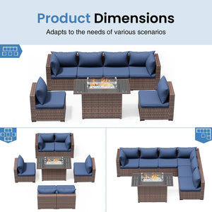 Patio Furniture Set, Outdoor Patio Furniturewicker Sectional Furniture Set, 7 Pieces Outdoor Sectional Sofa with Fire Pit Table, Outdoor Patio Furniture Set for Outdoor Furniture (Navy Blue)
