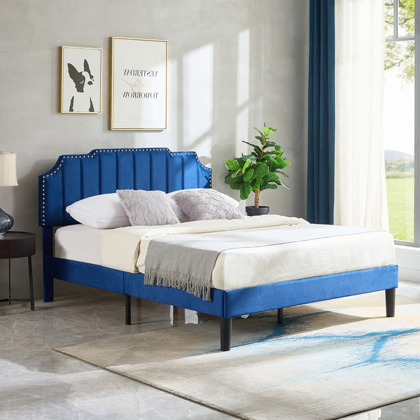 Upholstered Bed Frame Full Queen Platform with Headboard Footboard Wooden Slat