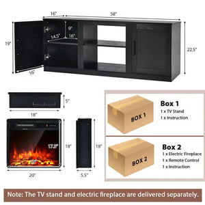 58 In. Freestanding Wood Electric Fireplace TV Stand Entertainment Console with 18'' Electric Fireplace in Black