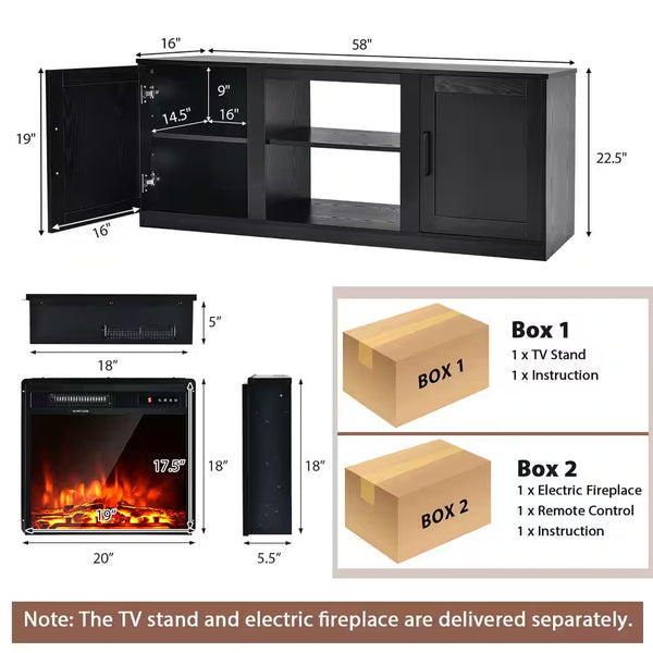 58 In. Freestanding Wood Electric Fireplace TV Stand Entertainment Console with 18'' Electric Fireplace in Black