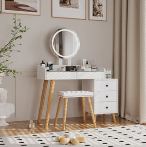 Dressing Table with LED Lights Glass Top Dressing Table with Extendable Side Table 5 Drawers Dressing Table with Mirror and Stool for Bedroom