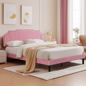 Upholstered Bed Frame Full Queen Platform with Headboard Footboard Wooden Slat