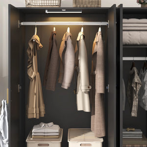 3 Door Armoire Wardrobe Closet with Mirror & Sensor Lights, 70'' Large Wardrobe Armoire with 2 Drawers & Shelves, Modern Wooden Armoire Storage with Hanging Rod for Bedroom, Black