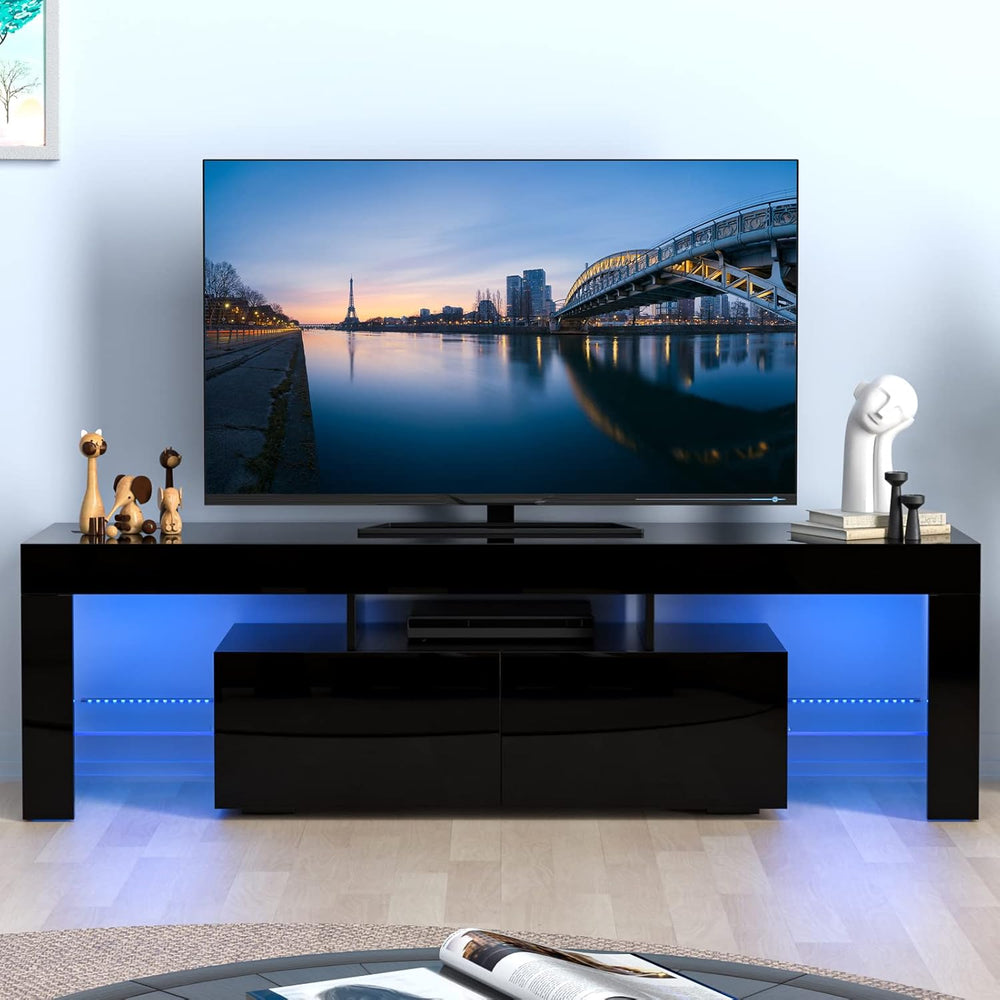 Glossy Led TV Stand Entertainment Center for 55 Inch TV, Modern TV & Media Console Table with Storage Drawer, Flat Screen TV Cabinet, Gaming Consoles for Living Room(63 Inch Black)