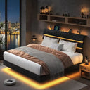 Feonase Floating Bed Frame King with Led Lights and Charging Station, Wood Full Size Bed Frame with Storage Headboard, Heavy Dut