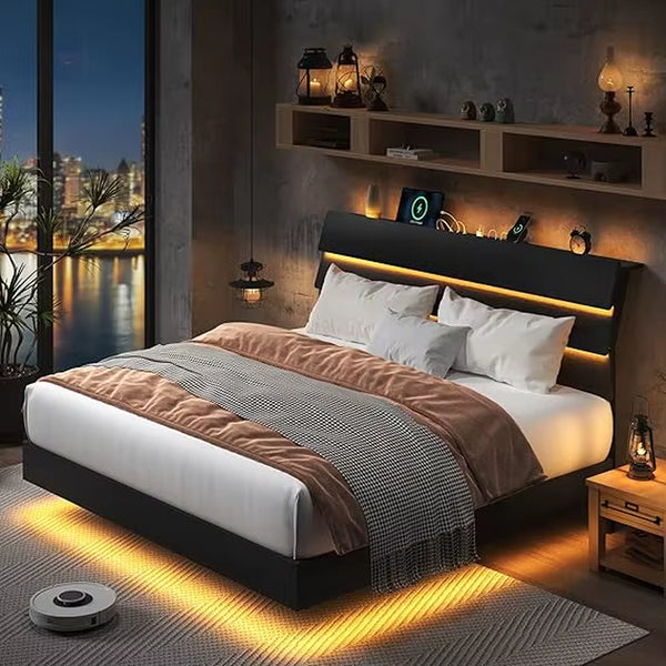 Feonase Floating Bed Frame King with Led Lights and Charging Station, Wood Full Size Bed Frame with Storage Headboard, Heavy Dut