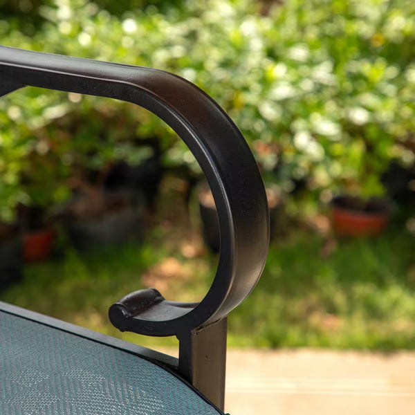 5-Piece Metal Outdoor Patio Bar Height Dining Set with Sling Swivel Chairs and Rectangle Brown Slat Tabletop