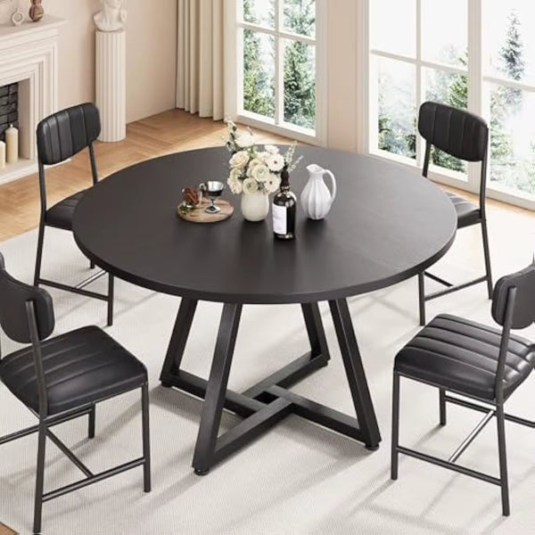 51“ round Kitchen Dining Room Table for 6-8, Circle Dining Dinner Table with Pedestal Metal Frame, Space Saving Wood Furniture