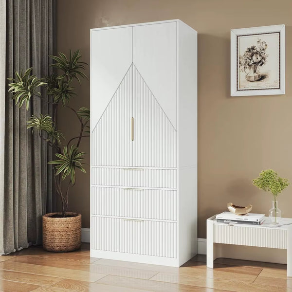 71.7" Wardrobe Armoire Wooden Closet with 2 Doors and 3 Drawers, Bedroom Armoire with Hanging Rod Shelf, Large Capacity Storage