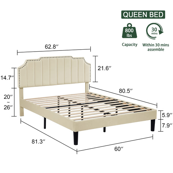Upholstered Bed Frame Full Queen Platform with Headboard Footboard Wooden Slat