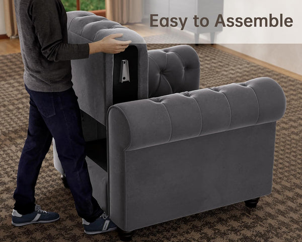 2 Piece Classic Chesterfield 3-Seater Set, Tufted Chair & Loveseat Furniture Solid Wood Legs Thick Cushion, Pet-Friendly Couch Set for Living Room Bedroom Apartment, Velvet Grey