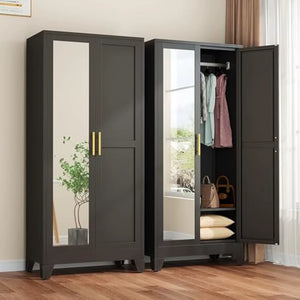 Metal Armoire Wardrobe W/2 Mirror Door, with Adjustable Shelves and Hanging Rod 71"' Wardrobe Cabinet, Wardrobes