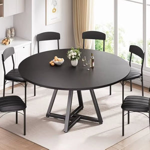 51“ round Kitchen Dining Room Table for 6-8, Circle Dining Dinner Table with Pedestal Metal Frame, Space Saving Wood Furniture