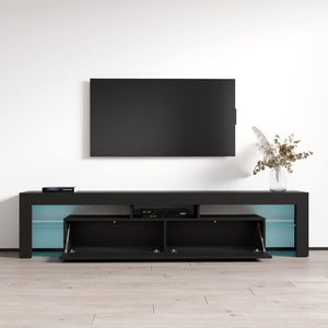 Meble Furniture Milano 200 TV Stand - Solo Modern High Gloss TV Stand with Storage Cabinets and LED Lights - Media Entertainment Center Console Stand for Tvs up to 90" - Black/Black
