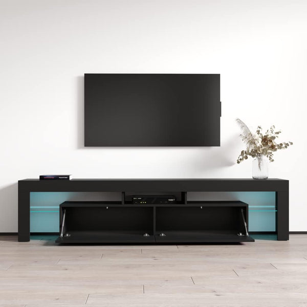 Meble Furniture Milano 200 TV Stand - Solo Modern High Gloss TV Stand with Storage Cabinets and LED Lights - Media Entertainment Center Console Stand for Tvs up to 90" - Black/Black