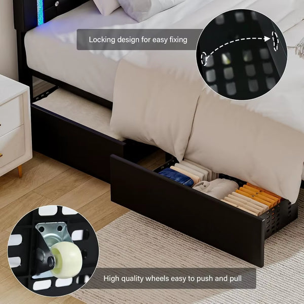 Queen Bed Frame with LED Lights, Upholstered Bed Frame with Storage Drawers, Modern Platform Bed with Diamond Headboard and Foot