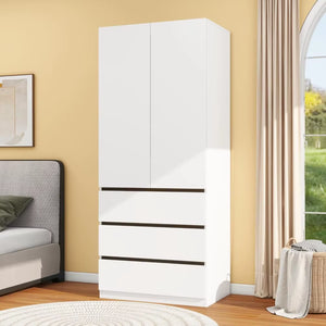 Wooden Wardrobe Closet with 2 Doors: 75" Bedroom Armoire Wardrobe Closet with 3 Drawers, White Cabinet with Hanging Shelves