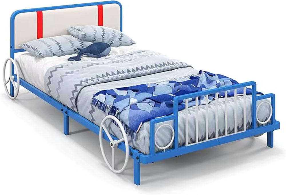 HONEY JOY Twin Bed Frames for Kids, Toddler Wooden Twin Bed Platform with Headboard & Slat Base, No Box Spring Needed, Children