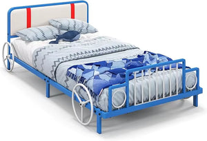 HONEY JOY Twin Bed Frames for Kids, Toddler Wooden Twin Bed Platform with Headboard & Slat Base, No Box Spring Needed, Children