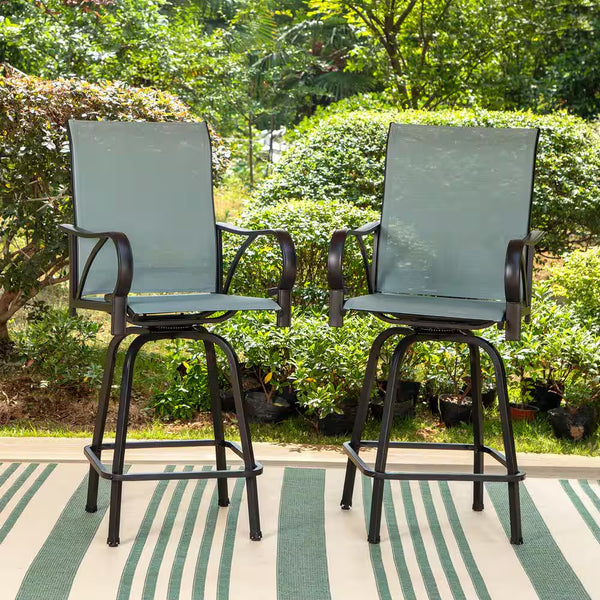 5-Piece Metal Outdoor Patio Bar Height Dining Set with Sling Swivel Chairs and Rectangle Brown Slat Tabletop