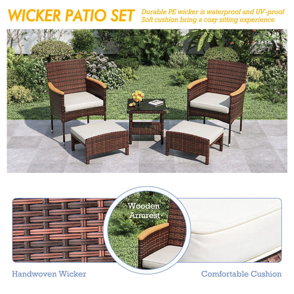 5 Piece Outdoor Patio Furniture Set with Table&Ottoman Outdoor Furniture Patio Set Bistro Wicker Patio Set (Brown Wicker&Khaki Cushion)