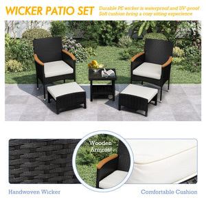 5 Piece Outdoor Patio Furniture Set with Table&Ottoman Outdoor Furniture Patio Set Bistro Wicker Patio Set of 2 Patio Conversation Sets for Porch Balcony Deck(Black Wicker&White Cushion)