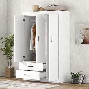 Modern 3-Door Wardrobe with 2 Drawers, Shelves and Hanging Rail, Freestanding Armoire Wardrobe Closet, Clothes Storage Cabinet