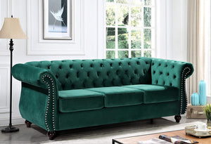 Feinstein Modern Velvet Chesterfield Couches for Living Room with Nailheads, Diamond Tufting & Durable Metal Frame, Chair, Loveseat & Sofa, Green