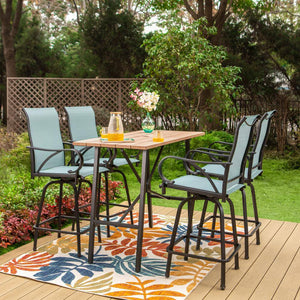 5-Piece Metal Outdoor Patio Bar Height Dining Set with Sling Swivel Chairs and Rectangle Brown Slat Tabletop