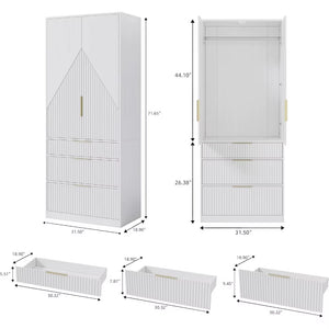 71.7" Wardrobe Armoire Wooden Closet with 2 Doors and 3 Drawers, Bedroom Armoire with Hanging Rod Shelf, Large Capacity Storage