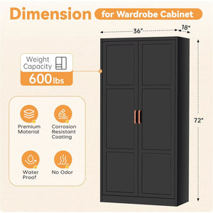 Metal Storage Cabinet with Hanging Rail, Black Armoire Wardrobe Closet with 2 Doors,72" H Storage Closet Cabinets