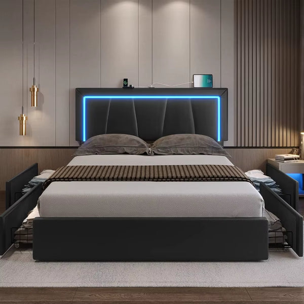 LED Bed Frame with 4 Drawers and USB Ports Modern Upholstered Platform Bed Frame with Storage Faux Leather Storage Bed