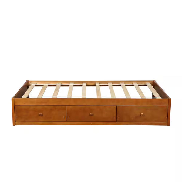 Oak Twin Size Platform Storage Bed with 3 Drawers Storage
