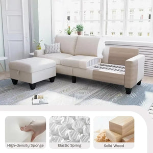 Convertible Sectional Sofa Couch, Modern Linen Fabric Couches for Living, 3 Seat L-Shaped Couch with Storage Ottoman