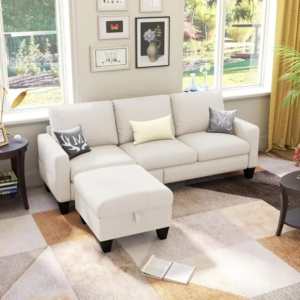Convertible Sectional Sofa Couch, Modern Linen Fabric Couches for Living, 3 Seat L-Shaped Couch with Storage Ottoman