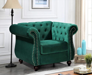 Feinstein Modern Velvet Chesterfield Couches for Living Room with Nailheads, Diamond Tufting & Durable Metal Frame, Chair, Loveseat & Sofa, Green