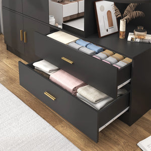 3 Door Armoire Wardrobe Closet with Mirror & Sensor Lights, 70'' Large Wardrobe Armoire with 2 Drawers & Shelves, Modern Wooden Armoire Storage with Hanging Rod for Bedroom, Black