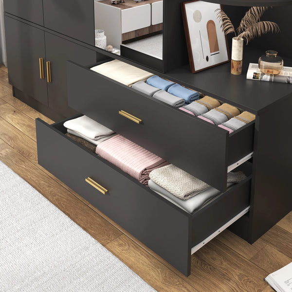 3 Door Armoire Wardrobe Closet with Mirror & Sensor Lights, 70'' Large Wardrobe Armoire with 2 Drawers & Shelves, Modern Wooden Armoire Storage with Hanging Rod for Bedroom, Black